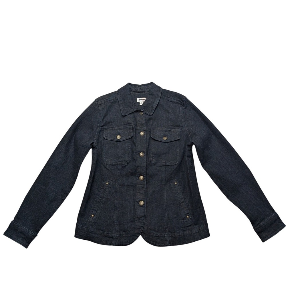 Denim & Co Denim Jacket Womens Medium Dark Indigo Blue Stretch Button Up Trucker